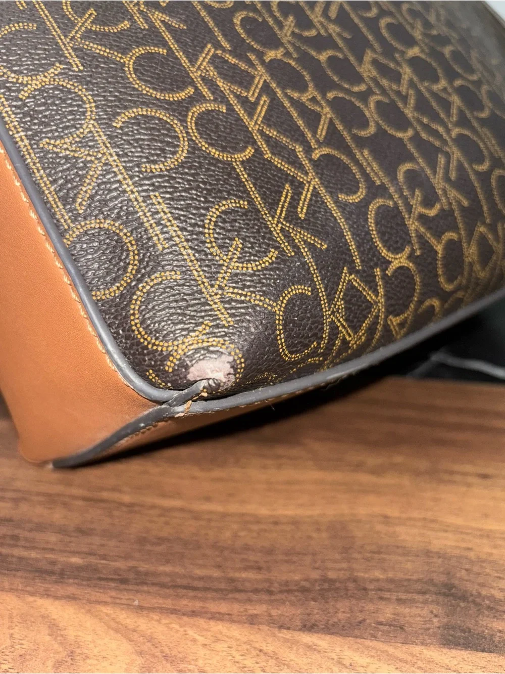 🥥Calvin Klein Brown Monogram Satchel with Tan Trim